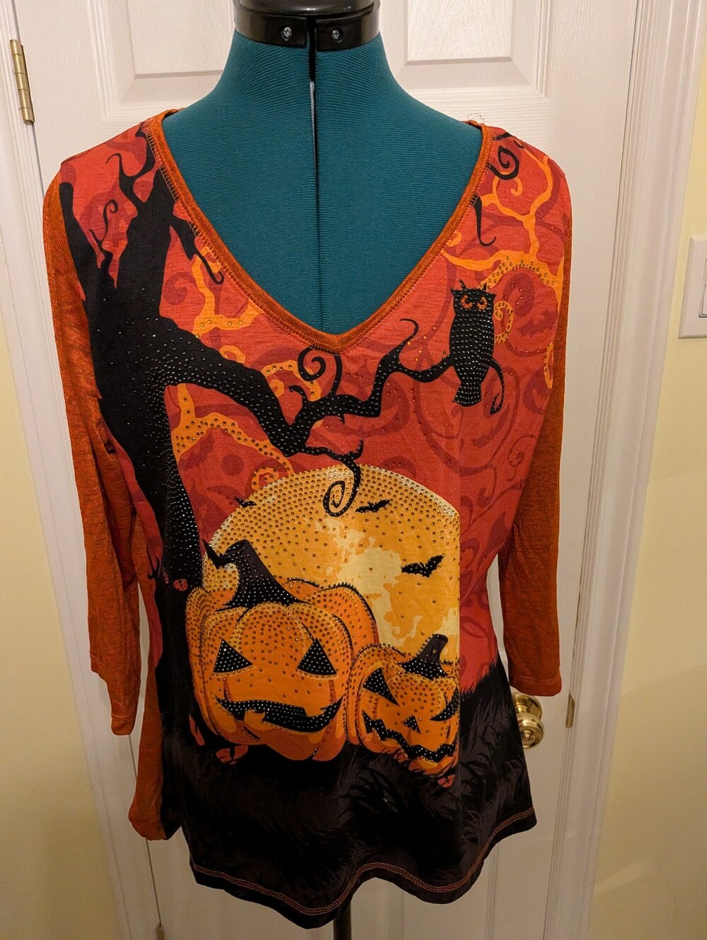 Women's Halloween Pumpkin V-Neck Top - Orange